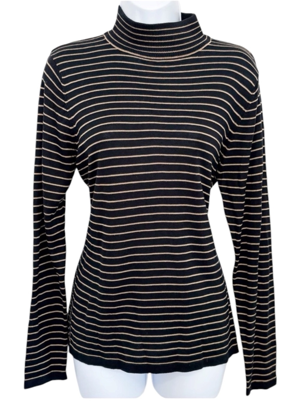 VALERIE STEVENS 100% Silk Striped Mock Neck Top Medium Black Tan Long Sleeve